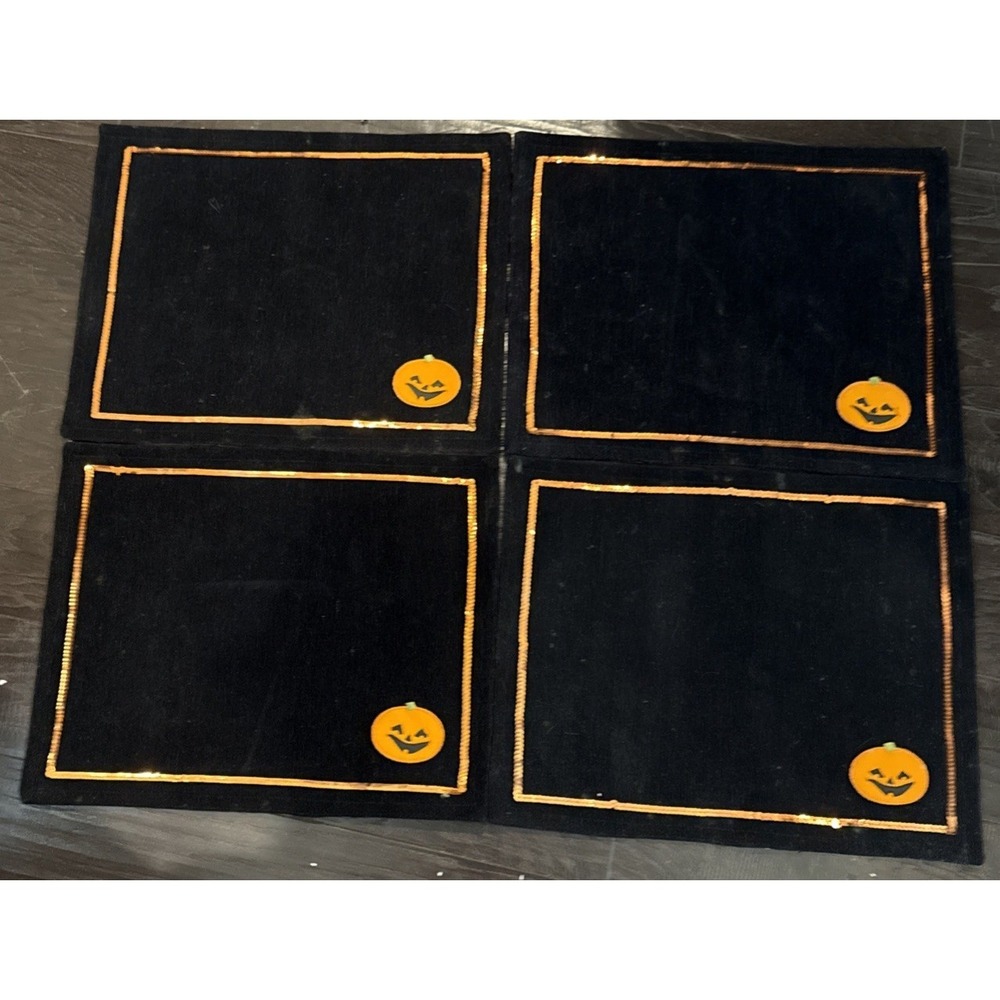 Halloween Black Velvet Orange Sequins Placemats Pumpkins Set Of 4